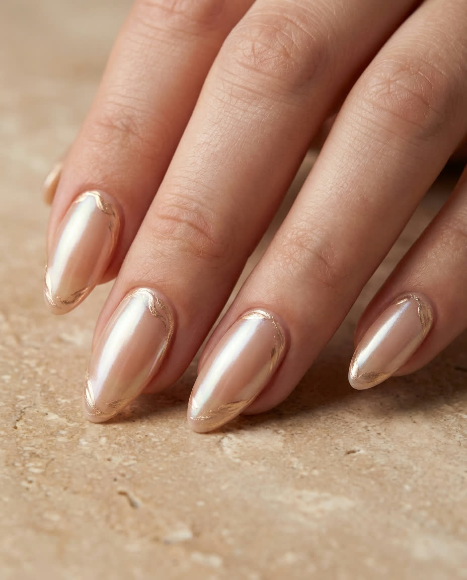 Chrome pearl iridescent almond nails