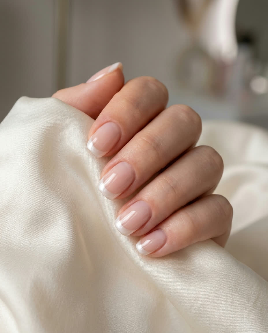 Modern micro-french manicure with pearl tips