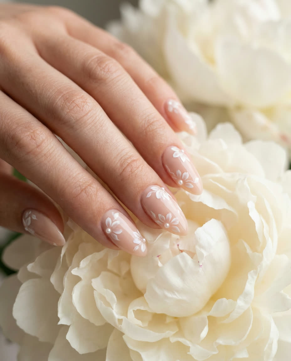 Bridal nude nails with hand-painted floral detail