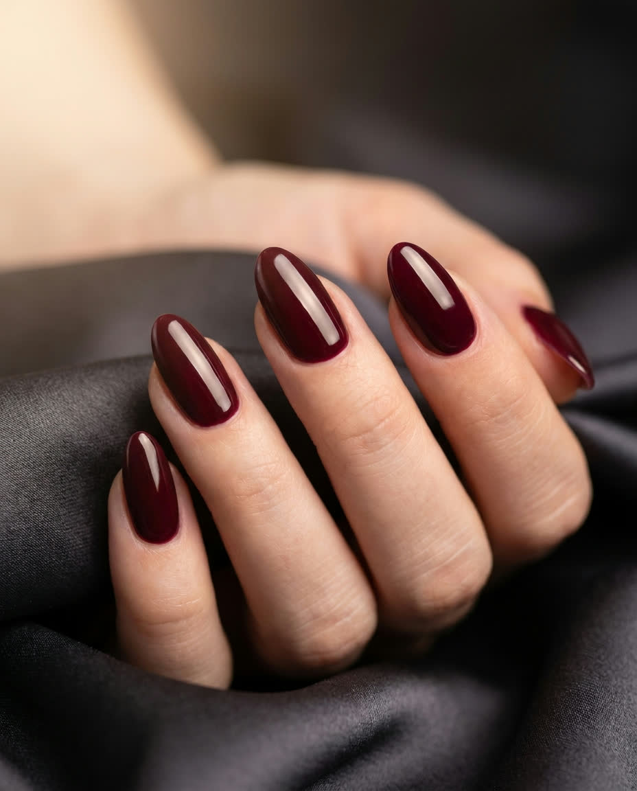 Glossy burgundy almond nails